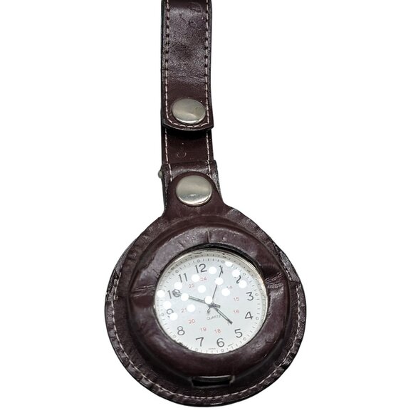 Quartz Pocket Watch Vintage Silver Tone Leather Carrying Case 48mm Open Face